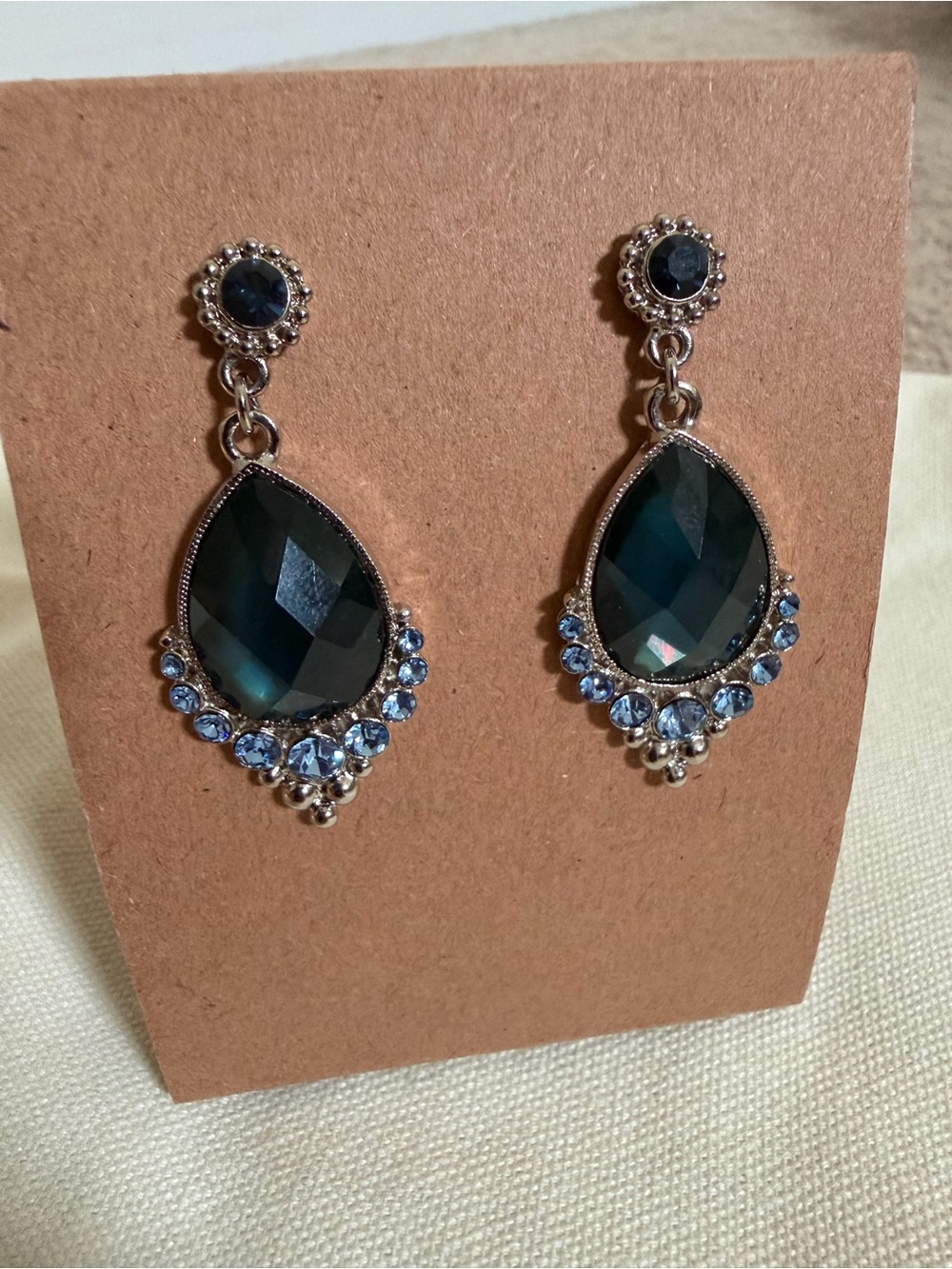 Vintage Silver Navy Blue Teardrop Chandelier Drop Earrings
